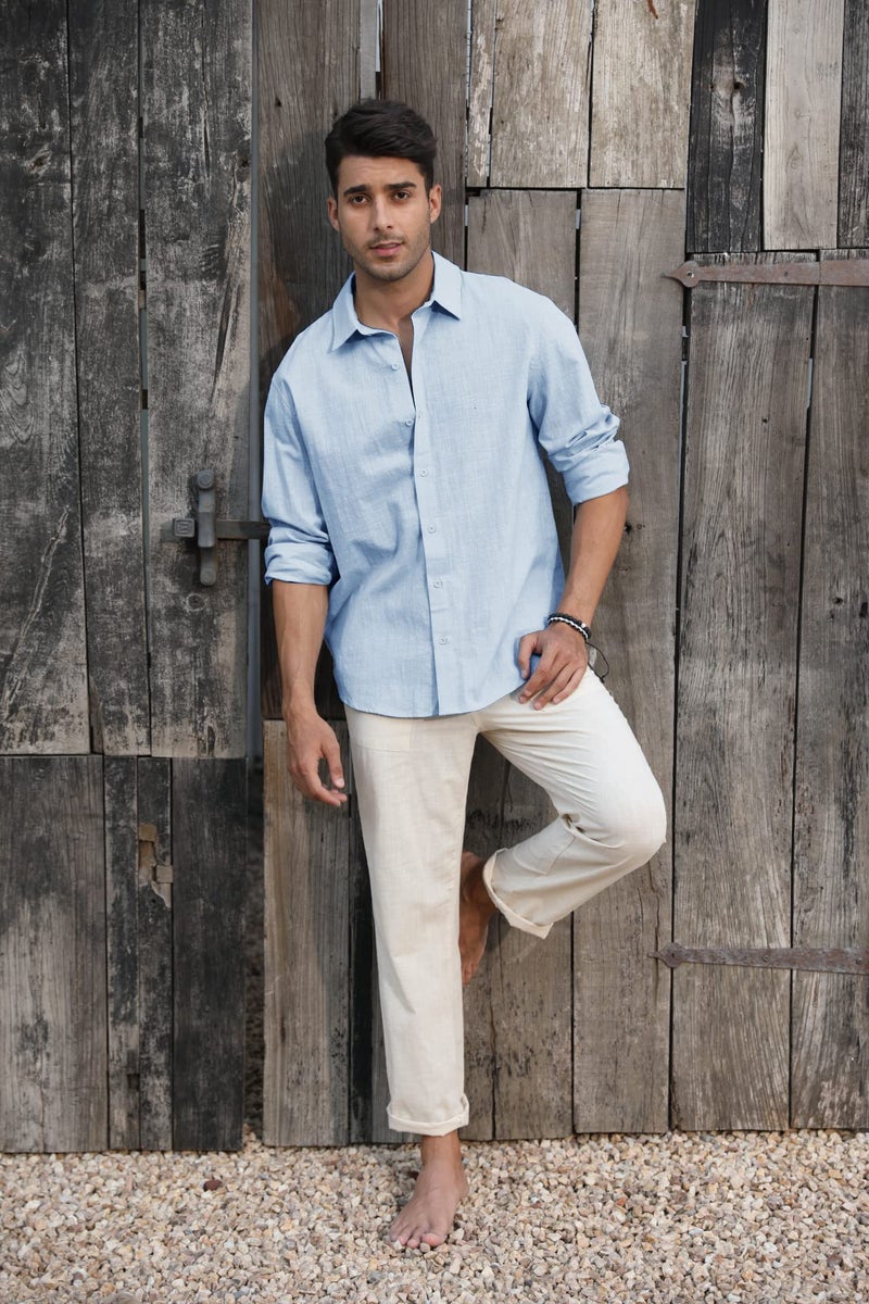 Runcati Mens Button Down Shirt Linen Cotton Shirts Casual Long Sleeve Spread Collar Lightweight Beach Plain Tops 01 Sky Blue - Image 3